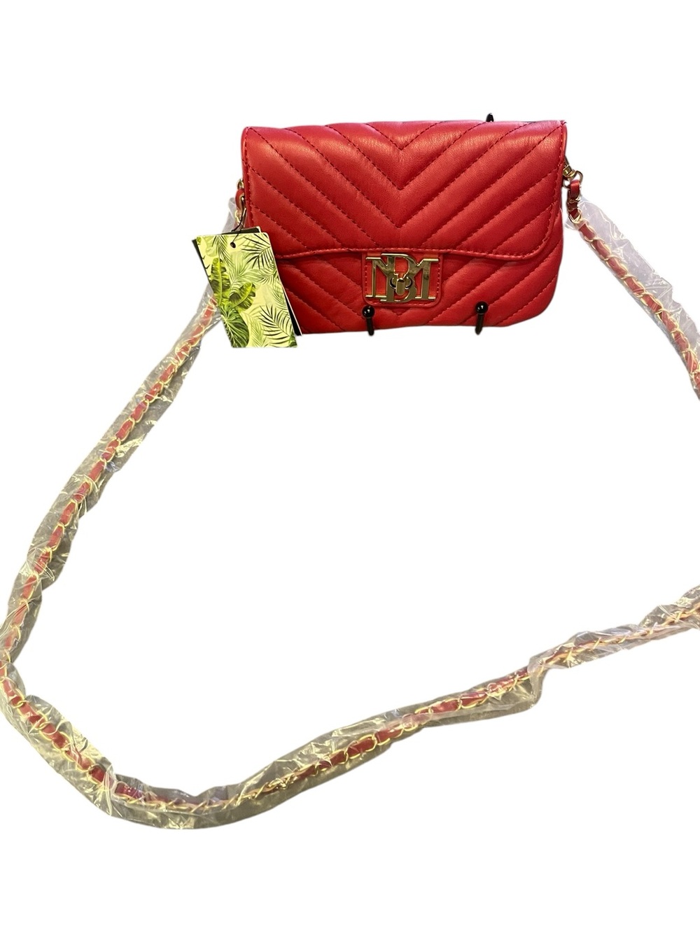 Badgley Mischka Quilted Red Crossbody Bag with Gold Monogram Accent